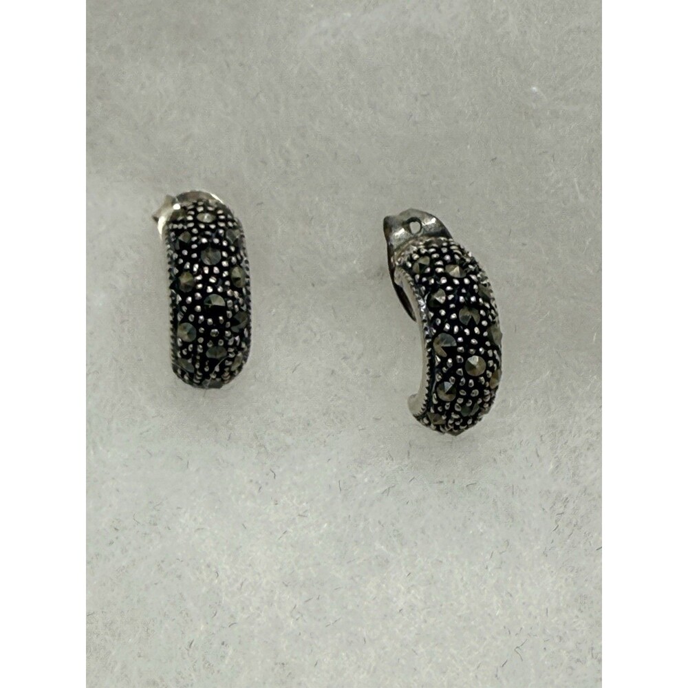 Vintage 925 Sterling Silver Micro Beaded Marcasite C Hoop Earrings Signed “R”